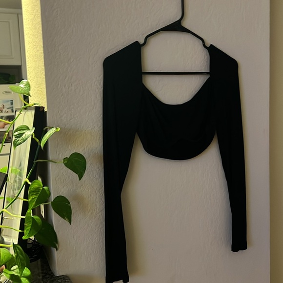 Corset Black Long Sleeve Square Neck Crop Top T03 - Picture 9 of 10